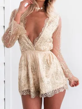 Sexy Sequin Deep V Neck Long Sleeve Jumpsuit Rompers