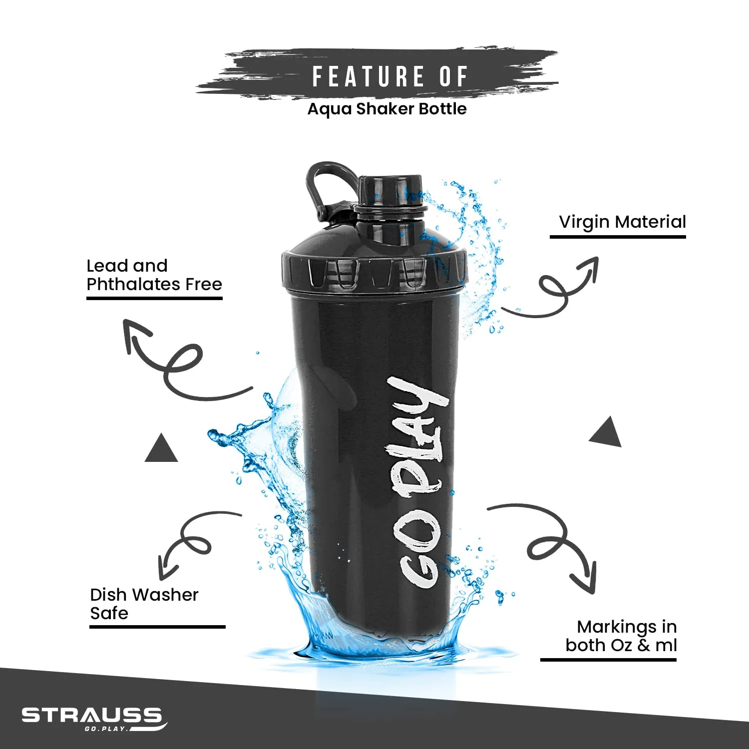 STRAUSS Aqua Shaker Bottle | 100% BPA- Free | Leakproof Shaker For Protein Shake | Ideal For Pre- Post Workout Shake| For Both Men and Women | 700ml, (Black)