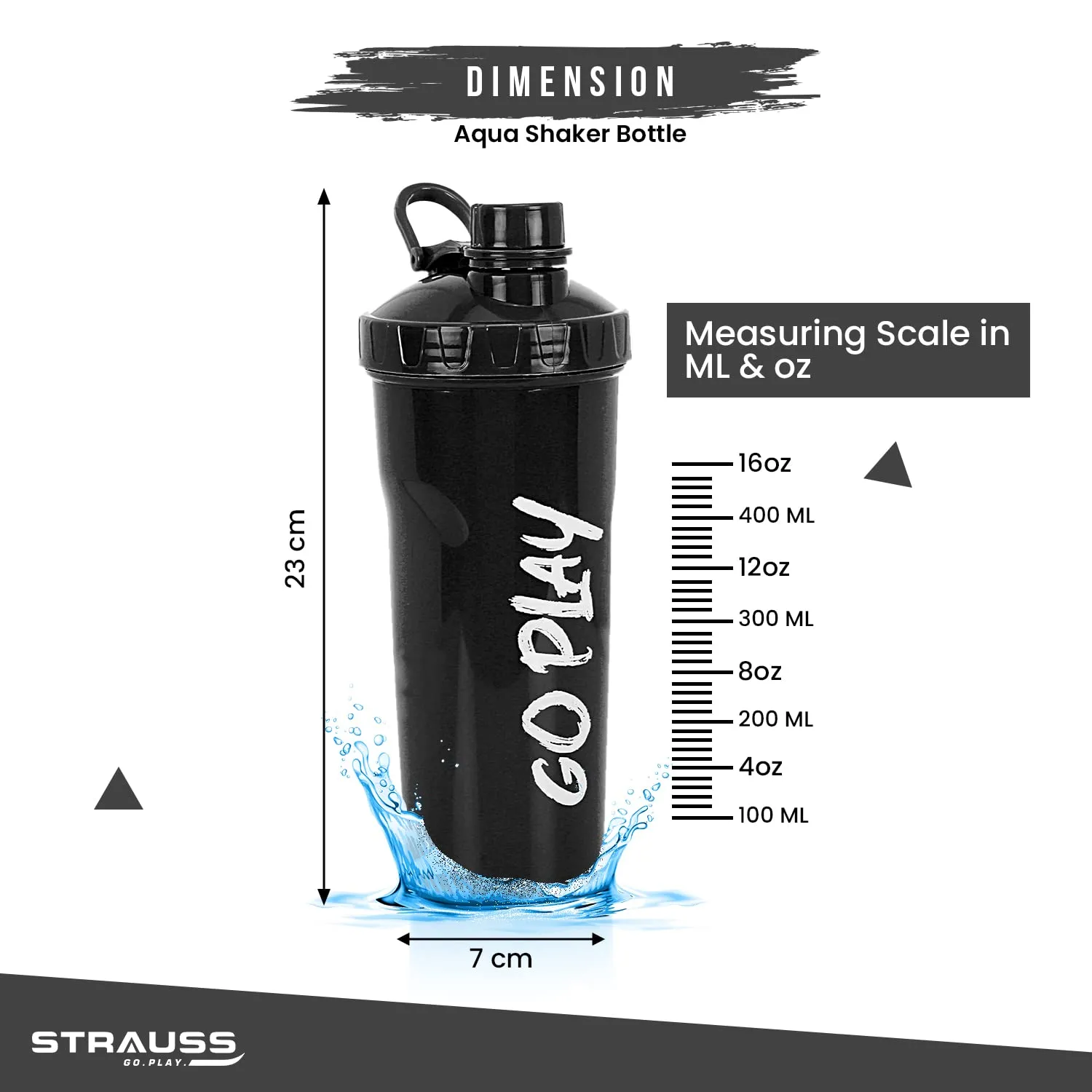 STRAUSS Aqua Shaker Bottle | 100% BPA- Free | Leakproof Shaker For Protein Shake | Ideal For Pre- Post Workout Shake| For Both Men and Women | 700ml, (Black)