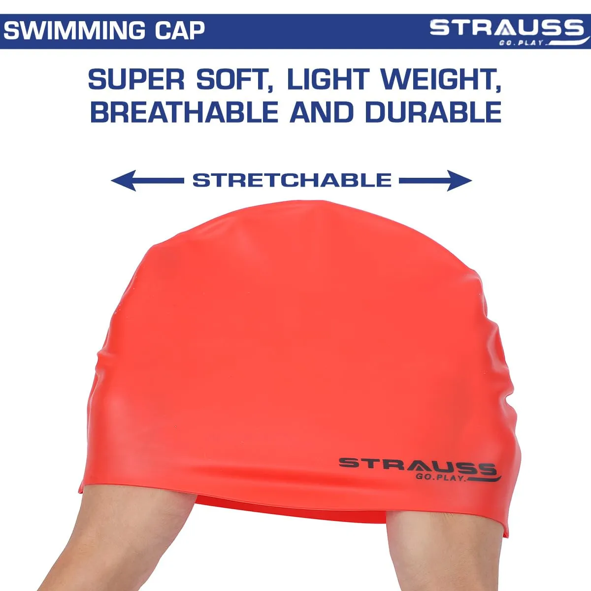 Strauss Latest Designed Swimming Cap |Keeps Hair Clean with Ear Protector|Suitable for Long and Short Hair|Swimming Head Cap with Breathable Fabric |Waterproof Swim Cap for Adult, Woman and Men,(Red)