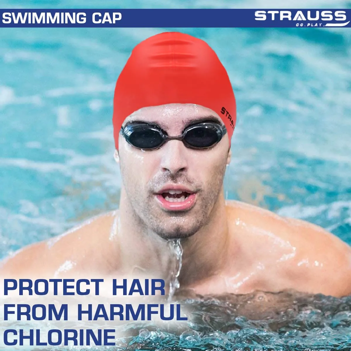 Strauss Latest Designed Swimming Cap |Keeps Hair Clean with Ear Protector|Suitable for Long and Short Hair|Swimming Head Cap with Breathable Fabric |Waterproof Swim Cap for Adult, Woman and Men,(Red)