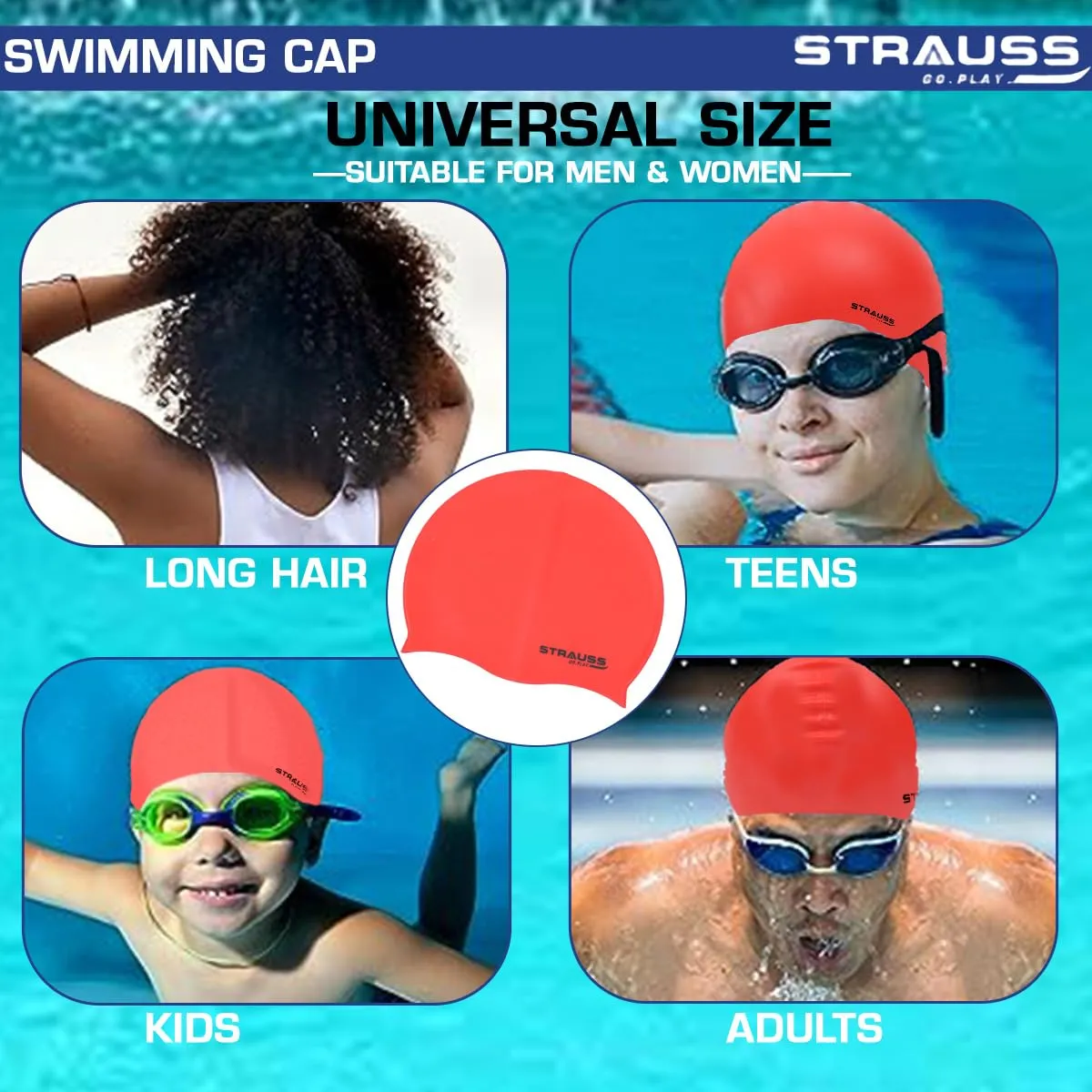 Strauss Latest Designed Swimming Cap |Keeps Hair Clean with Ear Protector|Suitable for Long and Short Hair|Swimming Head Cap with Breathable Fabric |Waterproof Swim Cap for Adult, Woman and Men,(Red)