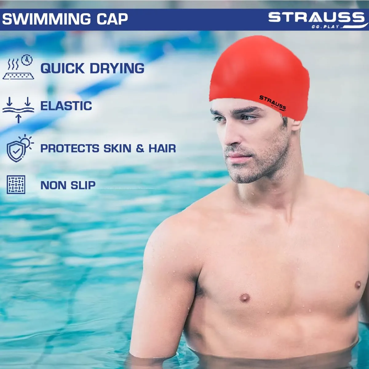 Strauss Latest Designed Swimming Cap |Keeps Hair Clean with Ear Protector|Suitable for Long and Short Hair|Swimming Head Cap with Breathable Fabric |Waterproof Swim Cap for Adult, Woman and Men,(Red)