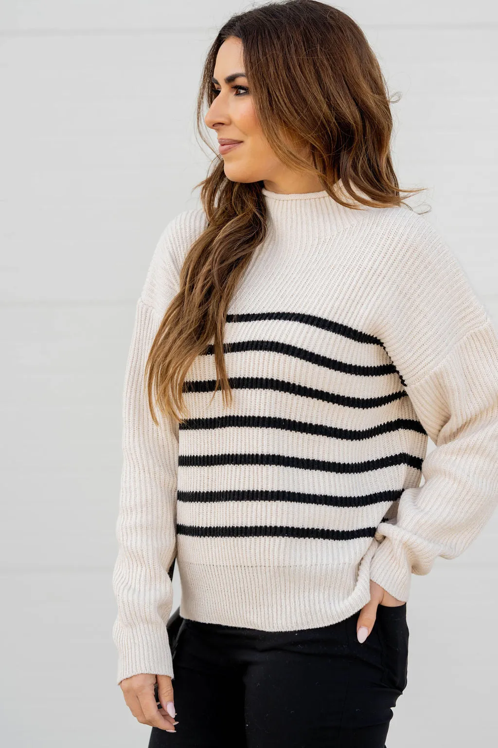 Striped Bottom Mock Neck Sweater