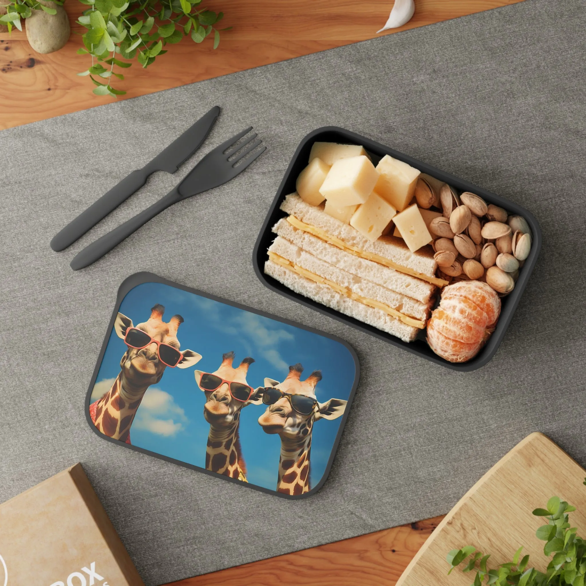 Three Beach Bum Giraffes in Sunglasses | PLA Bento Box with Band and Utensils