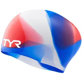 TYR - Junior Tie Dye Long Hair Silicone Swim Cap - Red/White/Blue