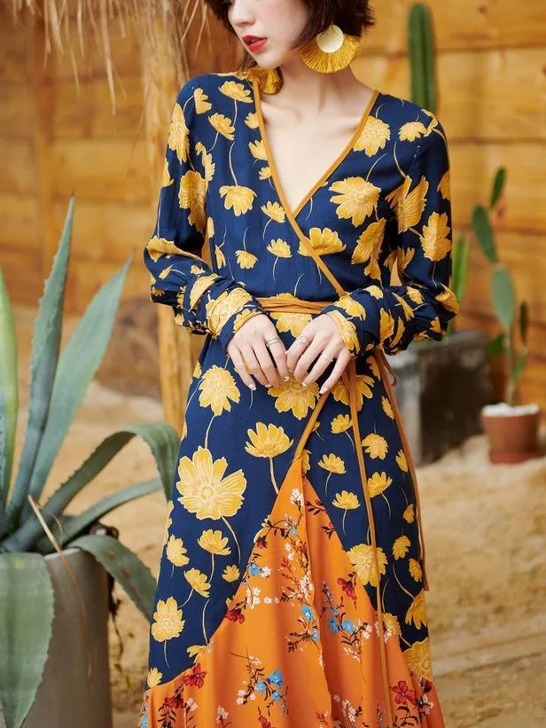 V-Neck Print Slim Fit Bohemian Long Dress